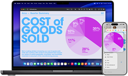 MacBook Pro 14-inch M5 and iPhone 17 Pro Max display the continuity of a Keynote pie chart presentation that is shared across devices
