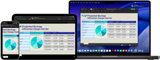 iPhone 17 Pro, iPad Pro 11 M4, and MacBook Pro M4 screens show the same Microsoft Excel spreadsheet with data compiled into a pie chart and tables
