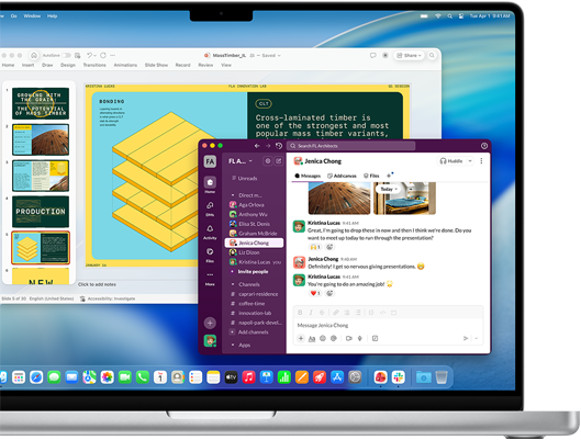 PowerPoint presentation in one window and Slack in another window on MacBook Pro 16-inch M4 screen