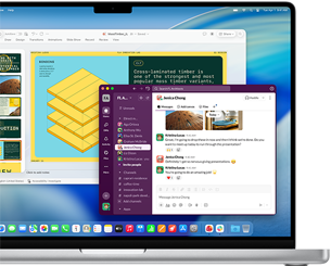 PowerPoint presentation in one window and Slack in another window on MacBook Pro 16-inch M4 screen