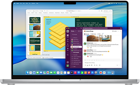 PowerPoint presentation in one window and Slack in another window on MacBook Pro 16-inch M4 screen
