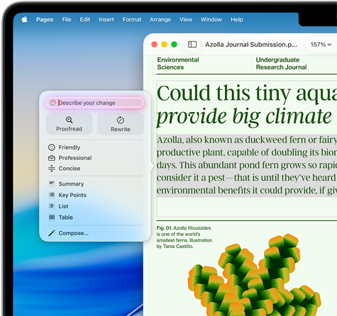 Les Outils d’écriture d’Apple Intelligence sont utilisés pour réviser un article de science environnementale dans Pages avec la possibilité de relire ou de réécrire sur un ton différent