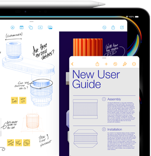 Un Apple Pencil est posé sur un iPad dont l’écran affiche une fenêtre Freeform avec des croquis de pièces mécaniques et une fenêtre Notes plus petite avec des instructions