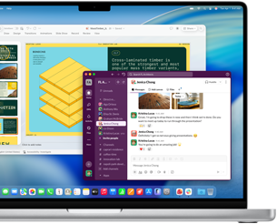 Écran d’un MacBook Pro 16 pouces avec puce M4 affichant une fenêtre avec une présentation PowerPoint et une autre fenêtre avec Slack