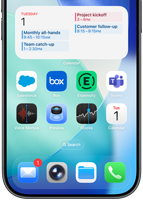 iPhone home screen displays a variety of business and productivity apps, with a detailed work schedule in Apple Calendar