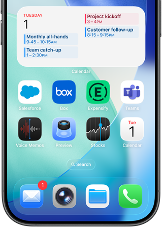 iPhone home screen displays a variety of business and productivity apps, with a detailed work schedule in Apple Calendar