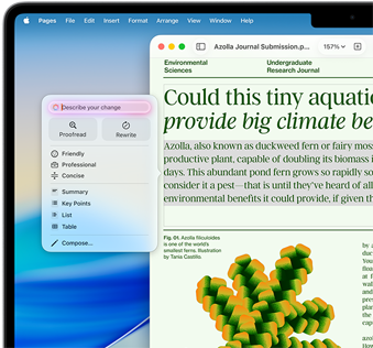 Les Outils d’écriture d’Apple Intelligence sont utilisés pour réviser un article de science environnementale dans Pages avec la possibilité de relire ou de réécrire sur un ton différent