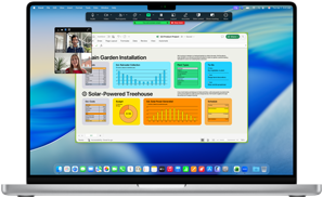 Écran d’un MacBook Pro 16 pouces avec puce M4 affichant un appel Zoom professionnel au cours duquel une personne partage à l’écran une fenêtre Excel avec des données et des graphiques