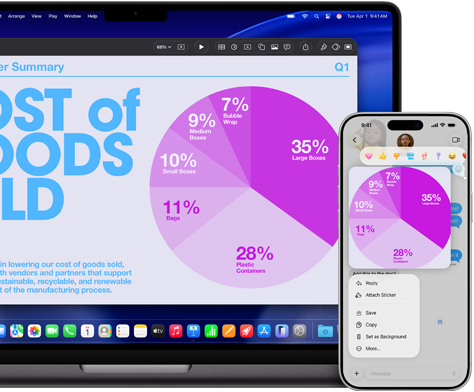 Une présentation Keynote avec un diagramme circulaire s’affiche sur un MacBook Pro 14 pouces avec puce M5 et sur un iPhone 17 Pro Max grâce à la fonctionnalité Continuité