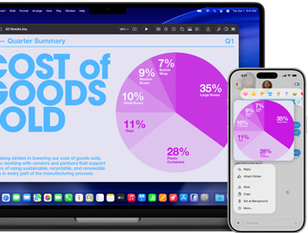 Une présentation Keynote avec un diagramme circulaire s’affiche sur un MacBook Pro 14 pouces avec puce M5 et sur un iPhone 17 Pro Max grâce à la fonctionnalité Continuité