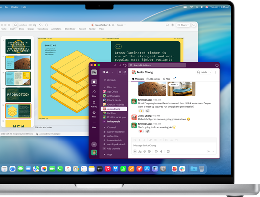 Écran d’un MacBook Pro 16 pouces avec puce M4 affichant une fenêtre avec une présentation PowerPoint et une autre fenêtre avec Slack