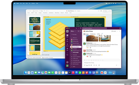 Écran d’un MacBook Pro 16 pouces avec puce M4 affichant une fenêtre avec une présentation PowerPoint et une autre fenêtre avec Slack