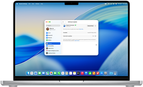 Écran d’un MacBook Pro 16 pouces avec puce M4 affichant une mise à jour logicielle programmée dans Réglages Système