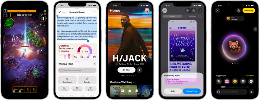 Plusieurs iPhone 17e côte à côte affichant des écrans différents : un jeu en cours d’utilisation, les Outils d’écriture, l’app Apple TV, la création d’un évènement de calendrier et d’un Genmoji