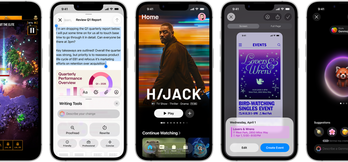 Plusieurs iPhone 17e côte à côte affichant des écrans différents : un jeu en cours d’utilisation, les Outils d’écriture, l’app Apple TV, la création d’un évènement de calendrier et d’un Genmoji